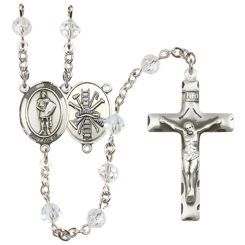 Bliss St Florian Firefighter Sterling Silver 6mm Austrian Crystal Birthstone Rosary with Ladder and Hat on Back,