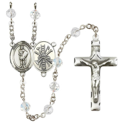 St Florian Firefighter Sterling Silver 6mm Austrian Crystal Birthstone Rosary with Ladder and Hat on Back, Bliss Manufacturing