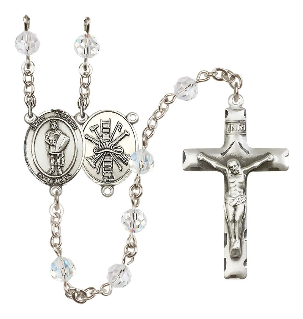 Bliss St Florian Firefighter Sterling Silver 6mm Austrian Crystal Birthstone Rosary with Ladder and Hat on Back,