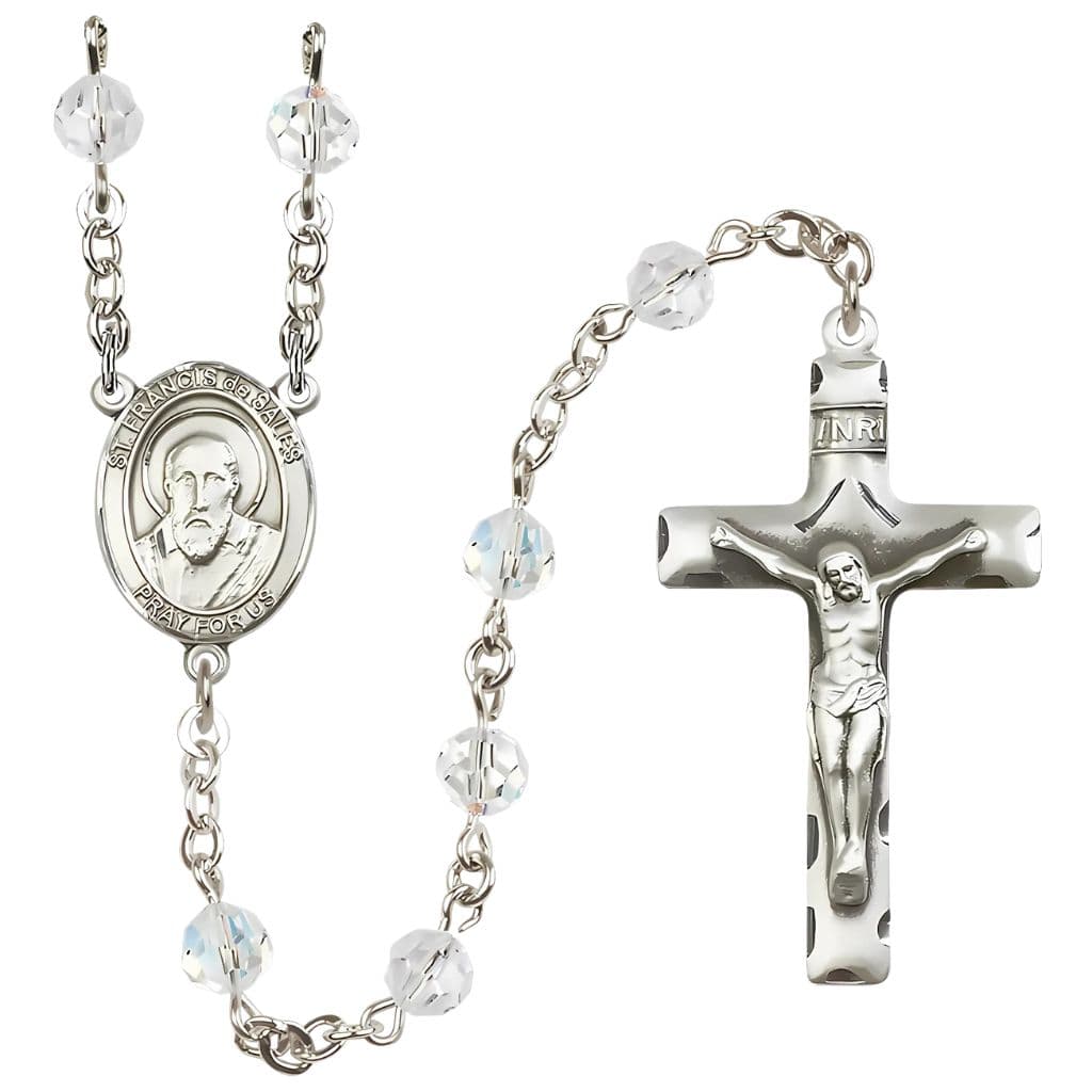 St. Francis de Sales Rosary with 6mm Clear Austrian Crystal Beads and Sterling Silver,