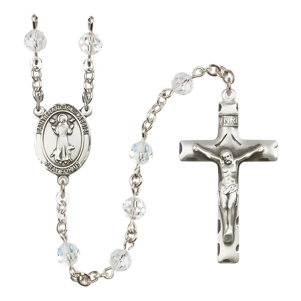 Bliss St. Francis of Assisi Sterling Silver 6mm Clear Austrian Crystal Bead Rosary, USA Made