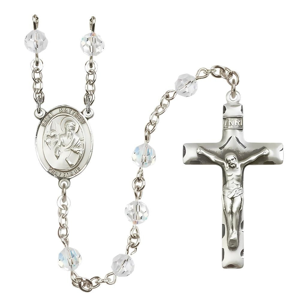 Bliss St. Matthew the Apostle Birthstone Sterling Silver Rosary in 6mm Austrian Crystal Clear