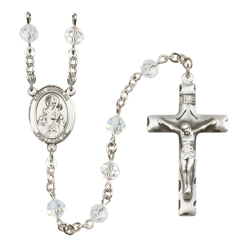 Bliss St. Nicholas Rosary, April Birthstone 6mm Clear Austrian Crystal Beads with Sterling Silver Centerpiece and Crucifix