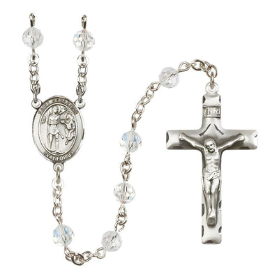St. Sebastian Engravable Rosary with Sterling Silver Crucifix and Centerpiece, Birthstone 6mm Austrian Crystal Clear Crystal Beads for April, Bliss Manufacturing