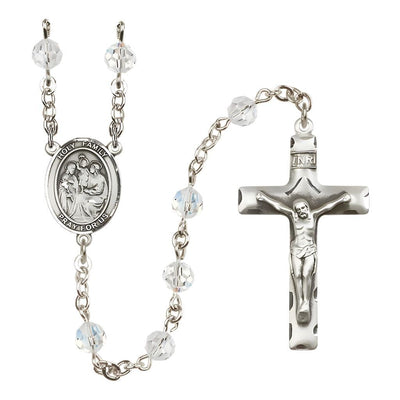 Holy Family Engravable Rosary with Sterling Silver Crucifix and Centerpiece, Birthstone 6mm Austrian Crystal Clear Crystal Beads for April, Bliss Manufacturing