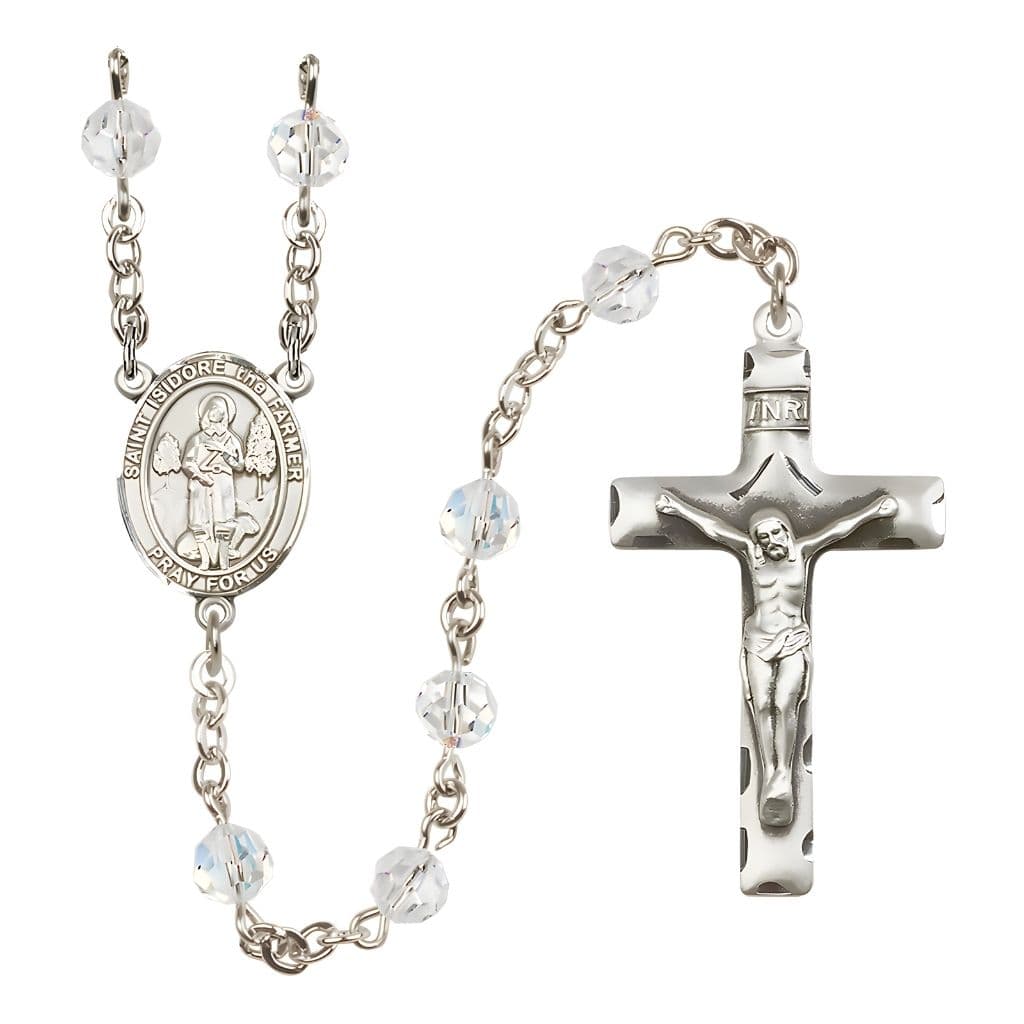 Bliss St. Isidore the Farmer Engravable Rosary with Sterling Silver Traditional Crucifix and Centerpiece, Birthstone 6mm Austrian Crystal Clear Crystal Beads for April