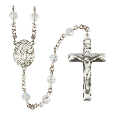 St. Isidore the Farmer Engravable Rosary with Sterling Silver Traditional Crucifix and Centerpiece, Birthstone 6mm Austrian Crystal Clear Crystal Beads for April, Bliss Manufacturing