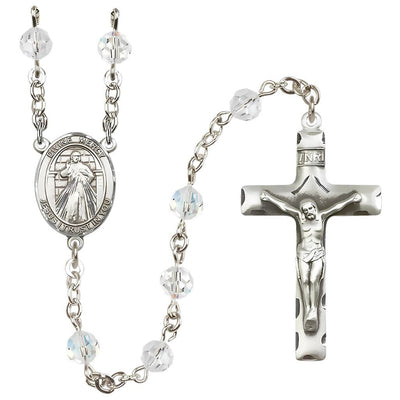 Jesus Divine Mercy Engravable Rosary with Sterling Silver Crucifix and Centerpiece, Birthstone 6mm Austrian Crystal Clear Crystal Beads for April, Bliss Manufacturing