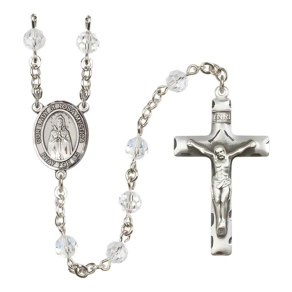 Our Lady of Rosa Mystica Rosary with Sterling Silver Traditional Crucifix and Centerpiece, Birthstone 6mm Austrian Crystal Clear Crystal Beads for April