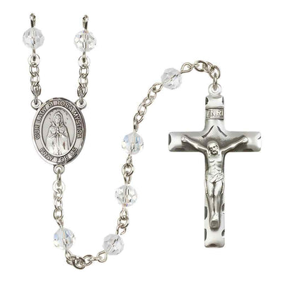 Our Lady of Rosa Mystica Rosary with Sterling Silver Traditional Crucifix and Centerpiece, Birthstone 6mm Austrian Crystal Clear Crystal Beads for April