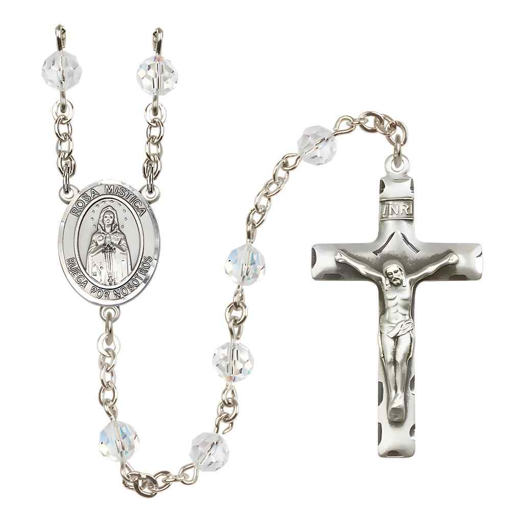 Spanish Rosa Mystica Rosary with Sterling Silver Traditional Crucifix and Centerpiece, Birthstone 6mm Austrian Crystal Clear Crystal Beads for April