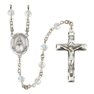 Spanish Rosa Mystica Rosary with Sterling Silver Traditional Crucifix and Centerpiece, Birthstone 6mm Austrian Crystal Clear Crystal Beads for April