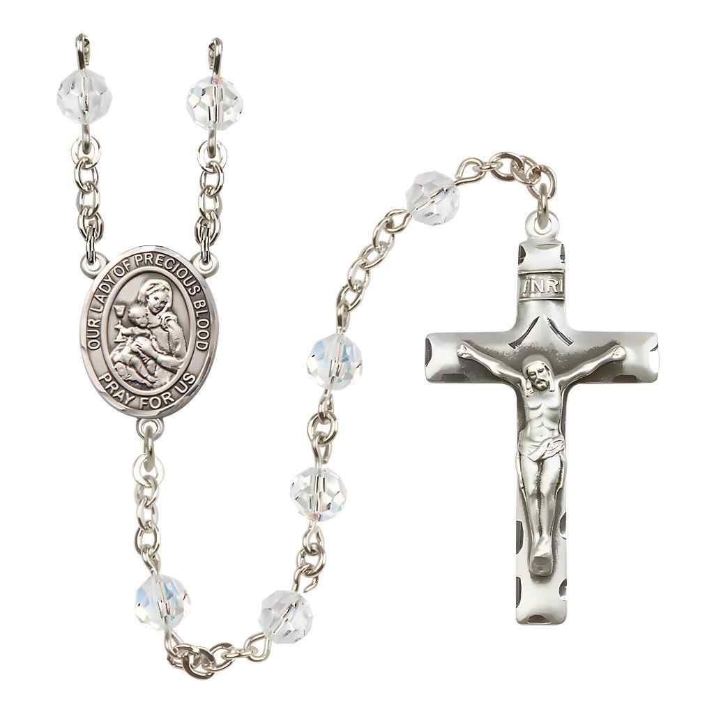 Our Lady of the Precious Blood Rosary with Sterling Silver Traditional Crucifix and Centerpiece, Birthstone 6mm Austrian Crystal Clear Crystal Beads for April