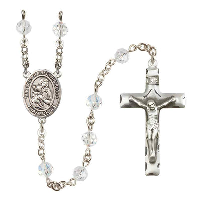 Our Lady of the Precious Blood Rosary with Sterling Silver Traditional Crucifix and Centerpiece, Birthstone 6mm Austrian Crystal Clear Crystal Beads for April