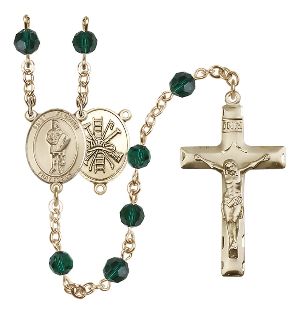 Bliss St Florian Firefighter Gold-filled 6mm Austrian Crystal Rosary in May Emerald Birthstone,