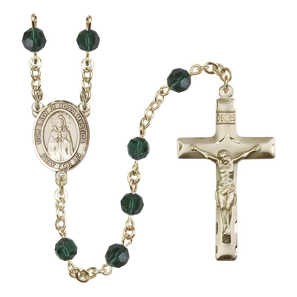 Our Lady of Rosa Mystica Rosary with Gold-filled Traditional Crucifix and Centerpiece, Birthstone 6mm Austrian Crystal Emerald Beads for May
