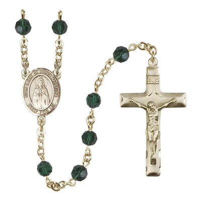 Our Lady of Rosa Mystica Rosary with Gold-filled Traditional Crucifix and Centerpiece, Birthstone 6mm Austrian Crystal Emerald Beads for May