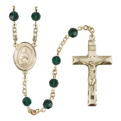 Spanish Rosa Mystica Rosary with Gold-filled Traditional Crucifix and Centerpiece, Birthstone 6mm Austrian Crystal Emerald Beads for May