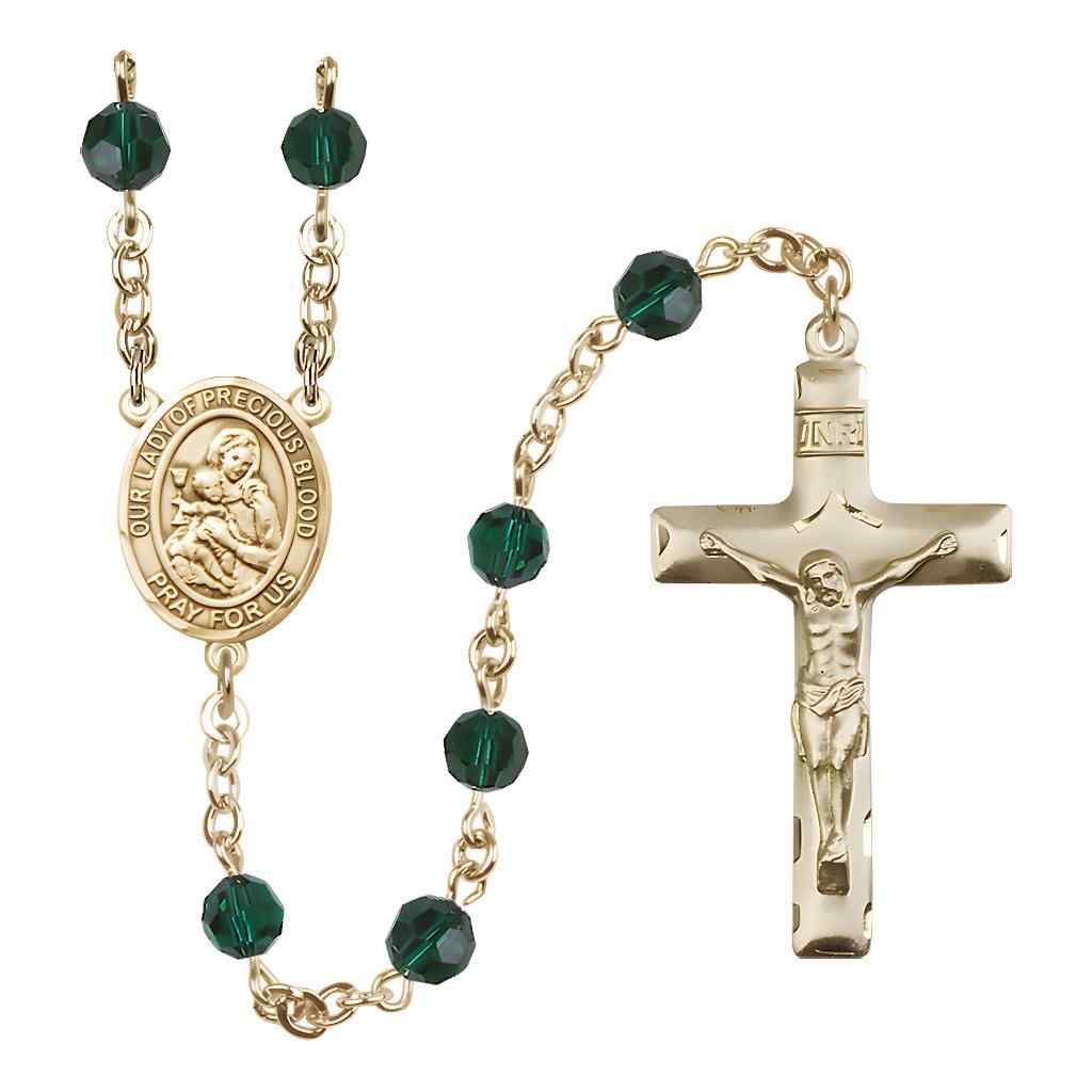 Our Lady of the Precious Blood Rosary with Gold-filled Traditional Crucifix and Centerpiece, Birthstone 6mm Austrian Crystal Emerald Beads for May