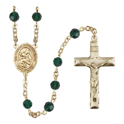 Our Lady of the Precious Blood Rosary with Gold-filled Traditional Crucifix and Centerpiece, Birthstone 6mm Austrian Crystal Emerald Beads for May