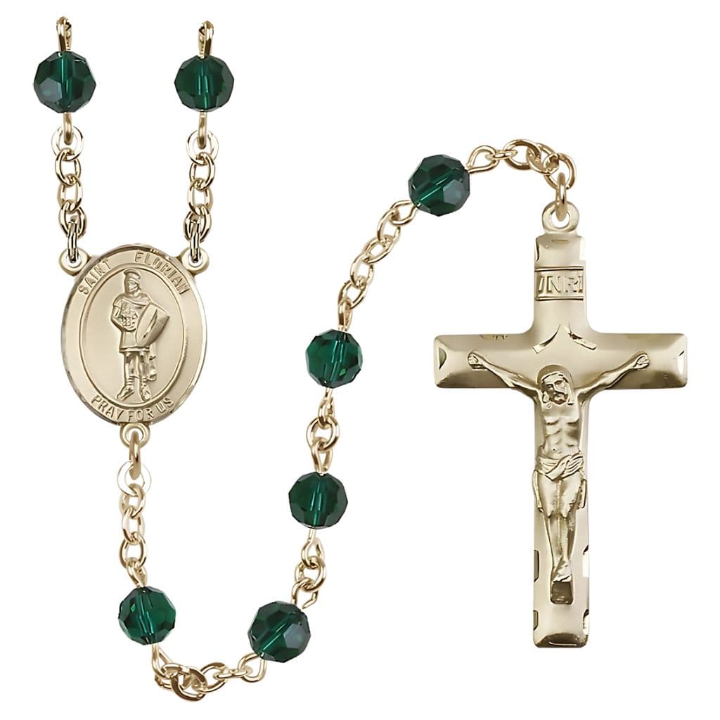 St. Florian Birthstone Rosary features 14kt gold construction with 6mm round Austrian crystal beads in emerald.