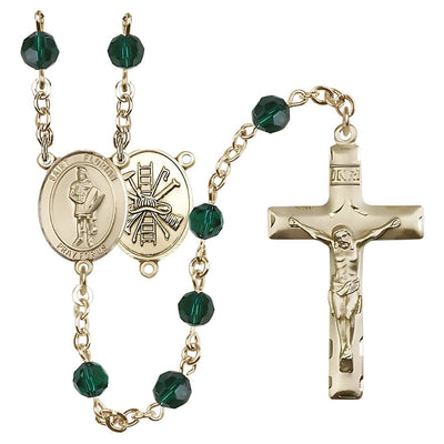 St. Florian centerpiece with firefighter gear on back Birthstone 14kt Gold Rosary with Emerald 6mm Austrian crystal beads with a traditional crucifix, Bliss Manufacturing