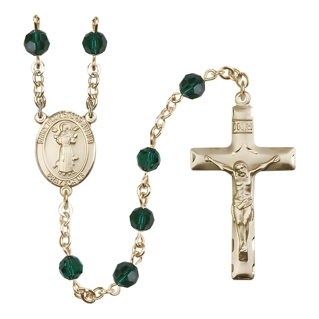 Bliss St. Francis of Assisi 14kt Gold Emerald 6mm Austrian Crystal Bead Rosary, USA Made