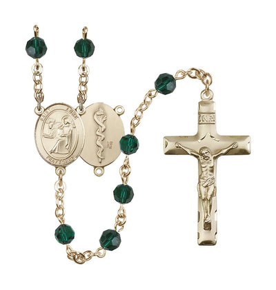 Doctor St Luke the Apostle 14kt Gold 6mm Austrian Crystal Rosary in May Emerald, Bliss Manufacturing