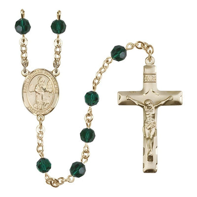 St. Isidore the Farmer Engravable Rosary with 14kt Gold Traditional Crucifix and Centerpiece, Birthstone 6mm Austrian Crystal Emerald Beads for May, Bliss Manufacturing