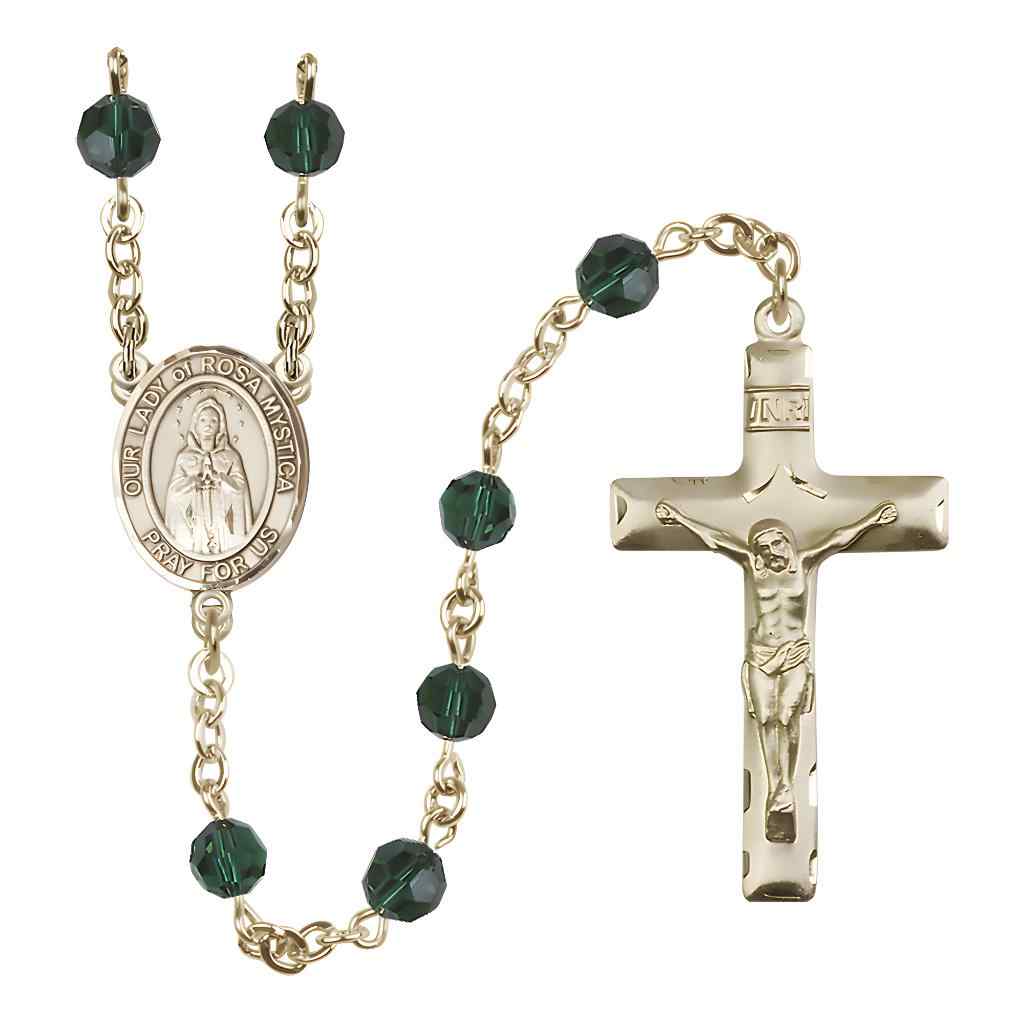 Our Lady of Rosa Mystica Rosary with 14kt Gold Traditional Crucifix and Centerpiece, Birthstone 6mm Austrian Crystal Emerald Beads for May