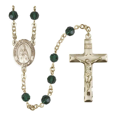 Our Lady of Rosa Mystica Rosary with 14kt Gold Traditional Crucifix and Centerpiece, Birthstone 6mm Austrian Crystal Emerald Beads for May