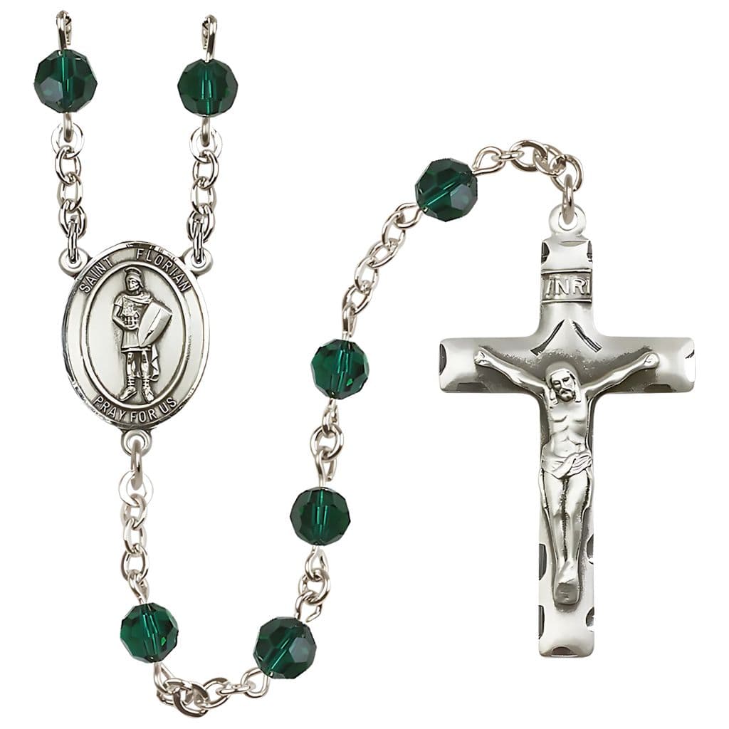 Bliss St. Florian Sterling Silver Rosary with Birthstone 6mm Round Austrian Crystal beads in Emerald