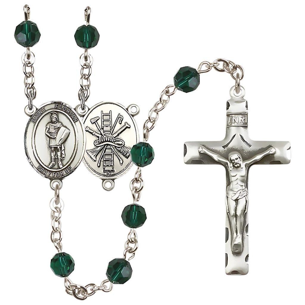 Bliss St Florian Firefighter Sterling Silver 6mm Austrian Emerald Crystal Birthstone Rosary,