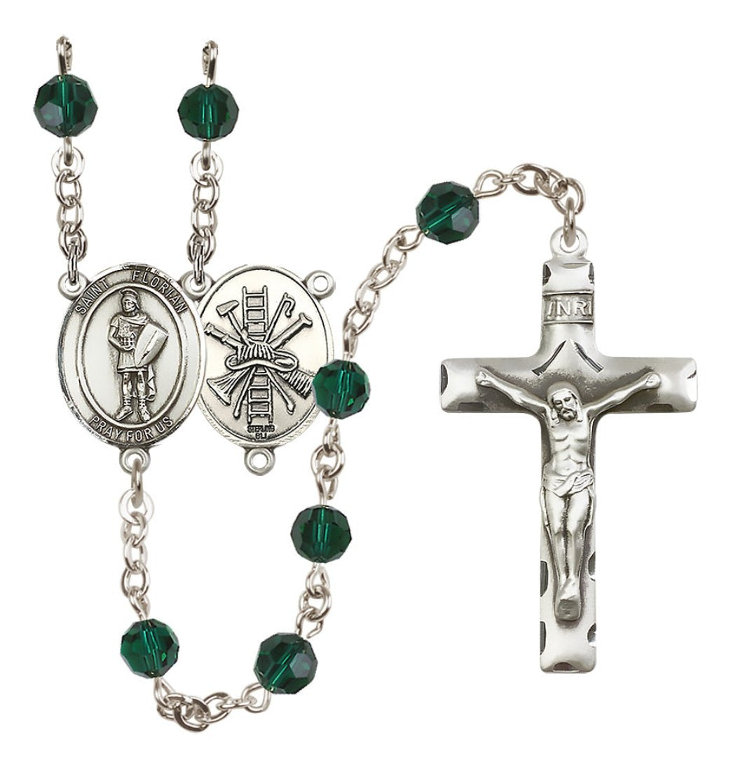 Bliss St Florian Firefighter Sterling Silver 6mm Austrian Emerald Crystal Birthstone Rosary,