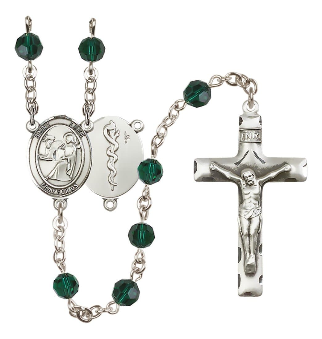 Bliss Sterling Silver 6mm Austrian Crystal Saint Luke the Apostle / Doctor Rosary in Emerald,