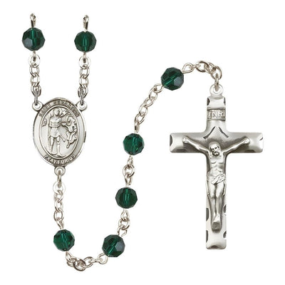 St. Sebastian Engravable Rosary with Sterling Silver Crucifix and Centerpiece, Birthstone 6mm Austrian Crystal Emerald Beads for May, Bliss Manufacturing
