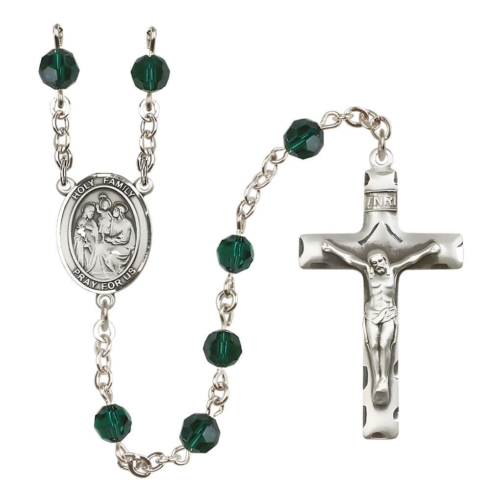 Bliss Holy Family Engravable Rosary with Sterling Silver Crucifix and Centerpiece, Birthstone 6mm Austrian Crystal Emerald Beads for May