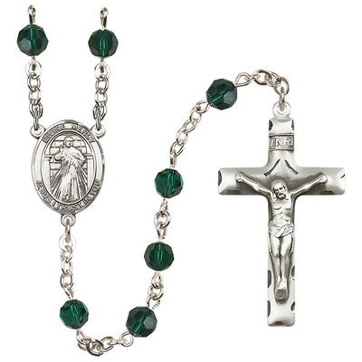 Jesus Divine Mercy Engravable Rosary with Sterling Silver Crucifix and Centerpiece, Birthstone 6mm Austrian Crystal Emerald Beads for May, Bliss Manufacturing