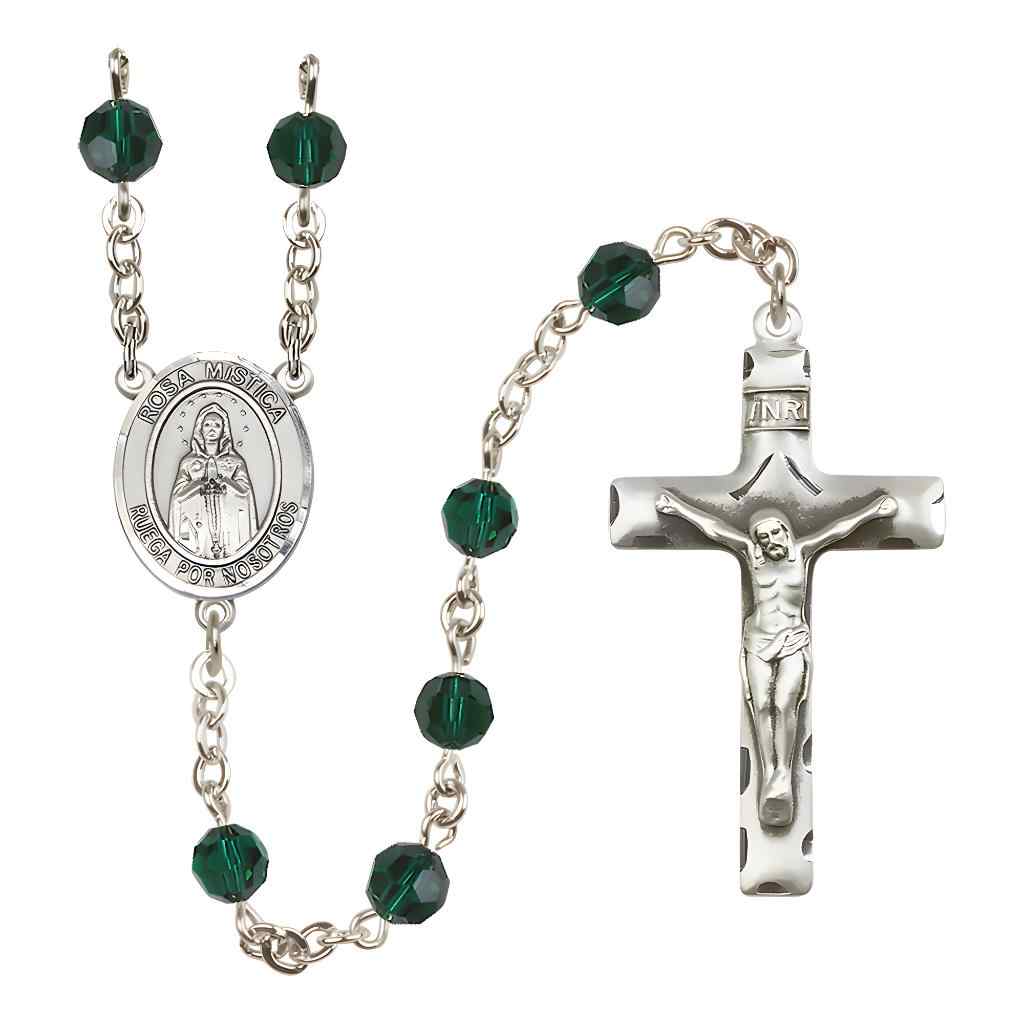 Spanish Rosa Mystica Rosary with Sterling Silver Traditional Crucifix and Centerpiece, Birthstone 6mm Austrian Crystal Emerald Beads for May