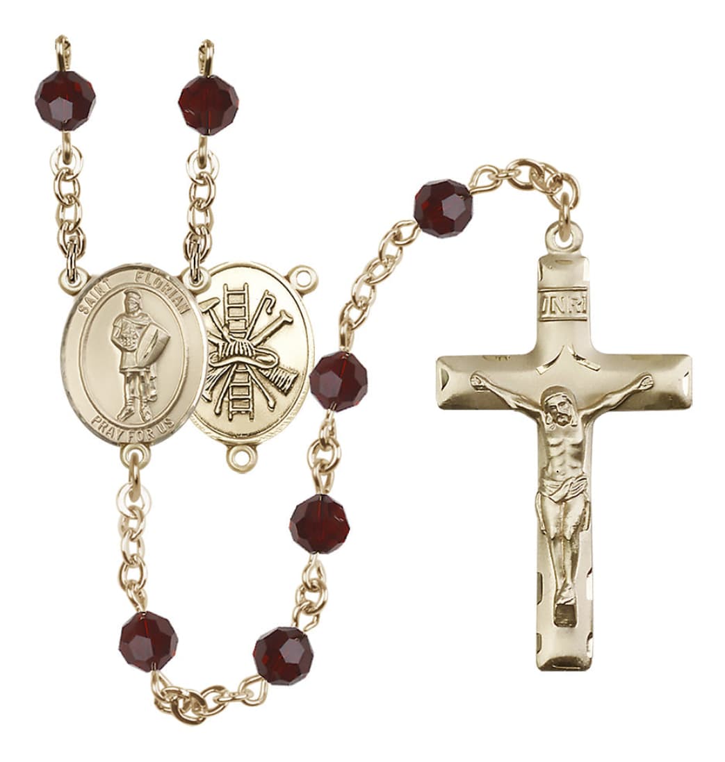 Bliss St Florian Firefighter Gold-filled 6mm Austrian Crystal Rosary in Garnet January Birthstone,