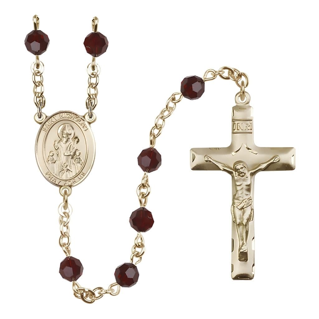Bliss St. Nicholas Rosary, January Birthstone 6mm Garnet Austrian Crystal Beads with 14kt Gold-filled Centerpiece and Crucifix