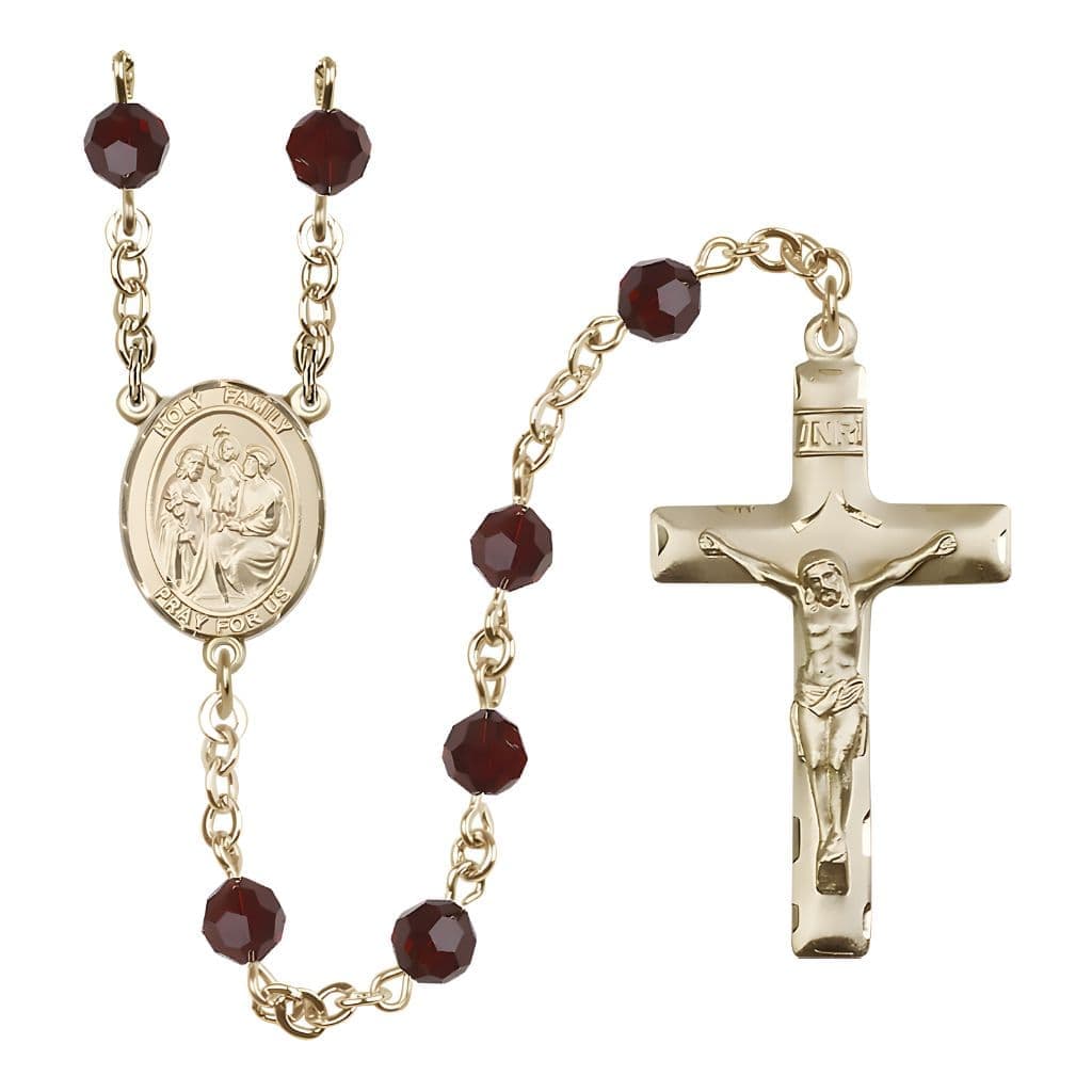Bliss Holy Family Engravable Rosary with Gold-filled Crucifix and Centerpiece, Birthstone 6mm Austrian Crystal Garnet Beads for January