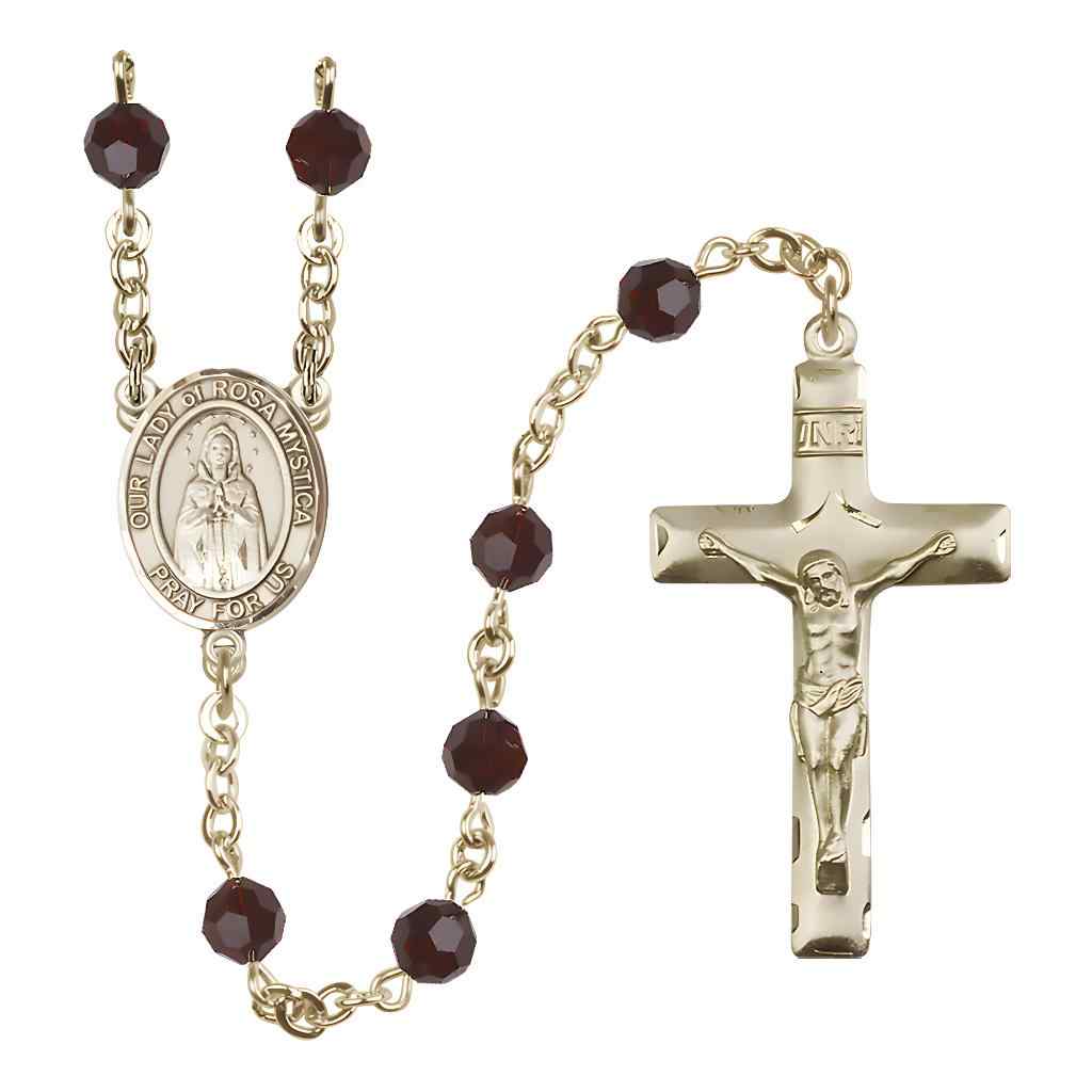 Our Lady of Rosa Mystica Rosary with Gold-filled Traditional Crucifix and Centerpiece, Birthstone 6mm Austrian Crystal Garnet Beads for January