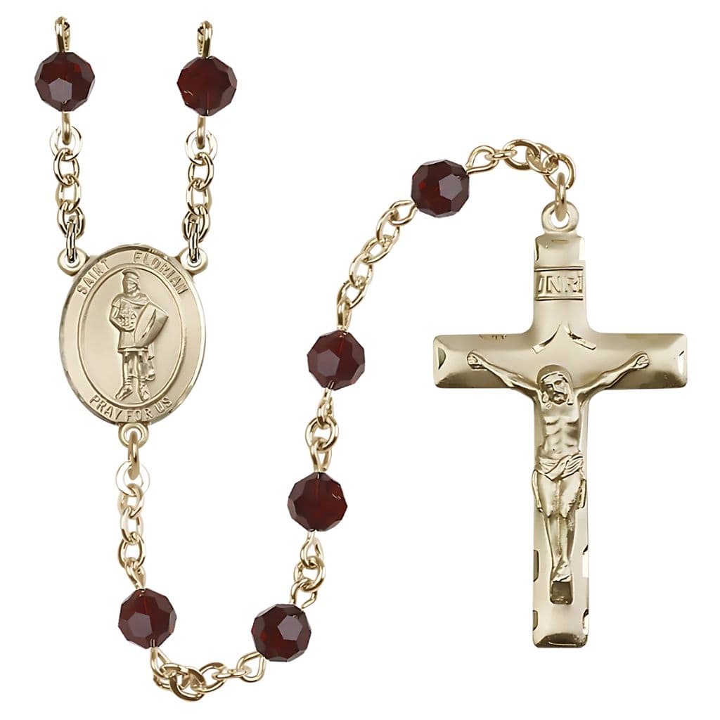 St. Florian Birthstone Rosary features 14kt gold construction with 6mm round Austrian crystal beads in garnet.