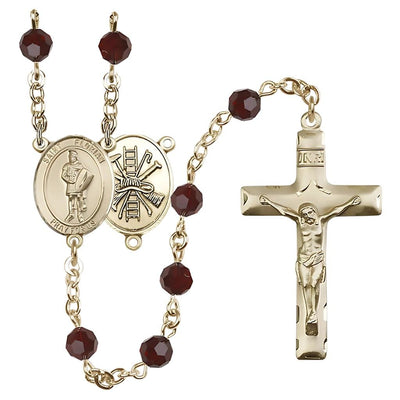 St. Florian centerpiece with firefighter gear on back Birthstone 14kt Gold Rosary with Garnet 6mm Austrian crystal beads with a traditional crucifix, Bliss Manufacturing