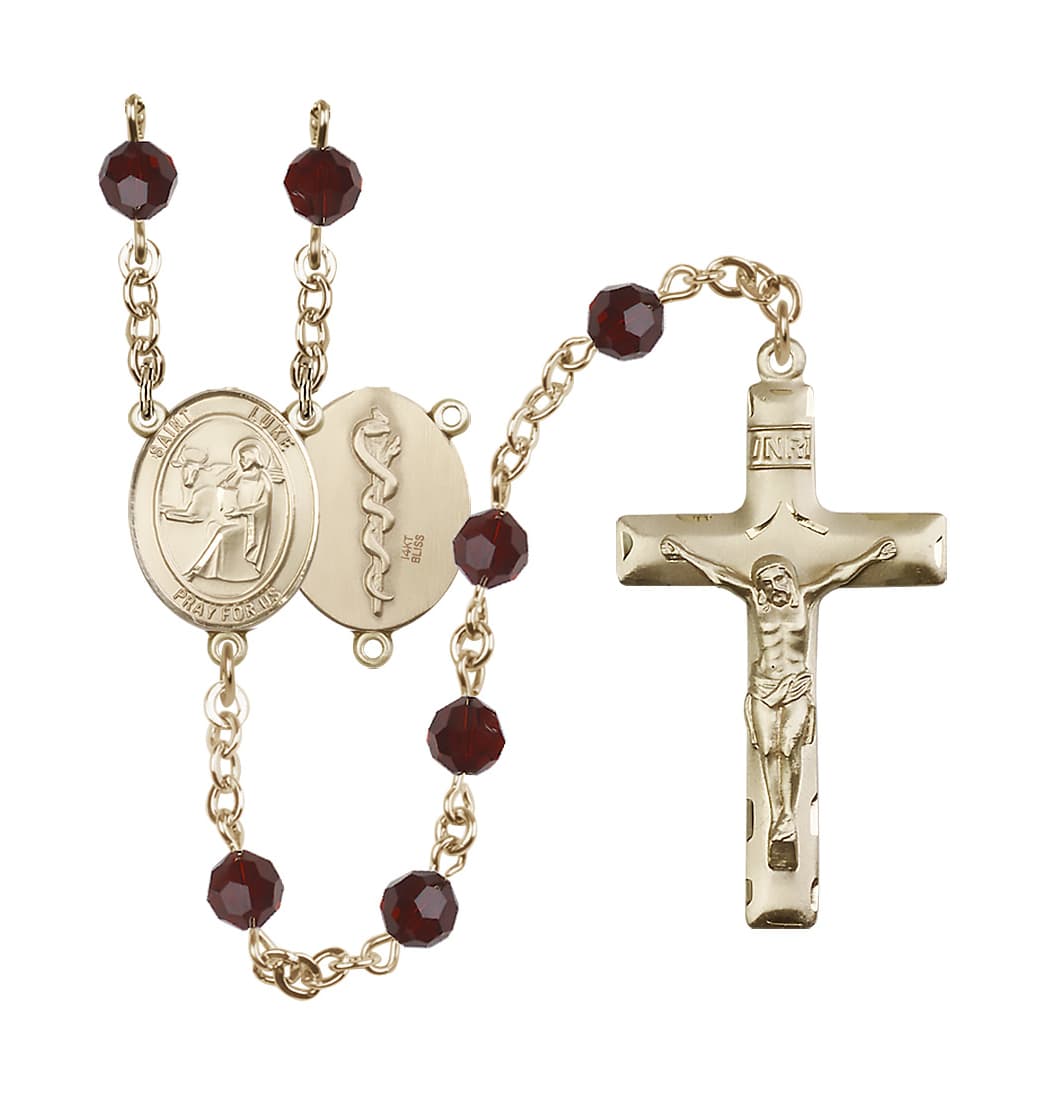 Bliss Doctor St Luke the Apostle 14kt Gold 6mm Austrian Crystal Rosary in Jan/Garnet,