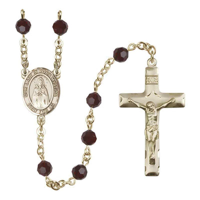 Our Lady of Rosa Mystica Rosary with 14kt Gold Traditional Crucifix and Centerpiece, Birthstone 6mm Austrian Crystal Garnet Beads for January