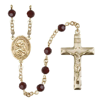 Our Lady of the Precious Blood Engravable Rosary with 14kt Gold Traditional Crucifix and Centerpiece, Birthstone 6mm Austrian Crystal Garnet Beads for January