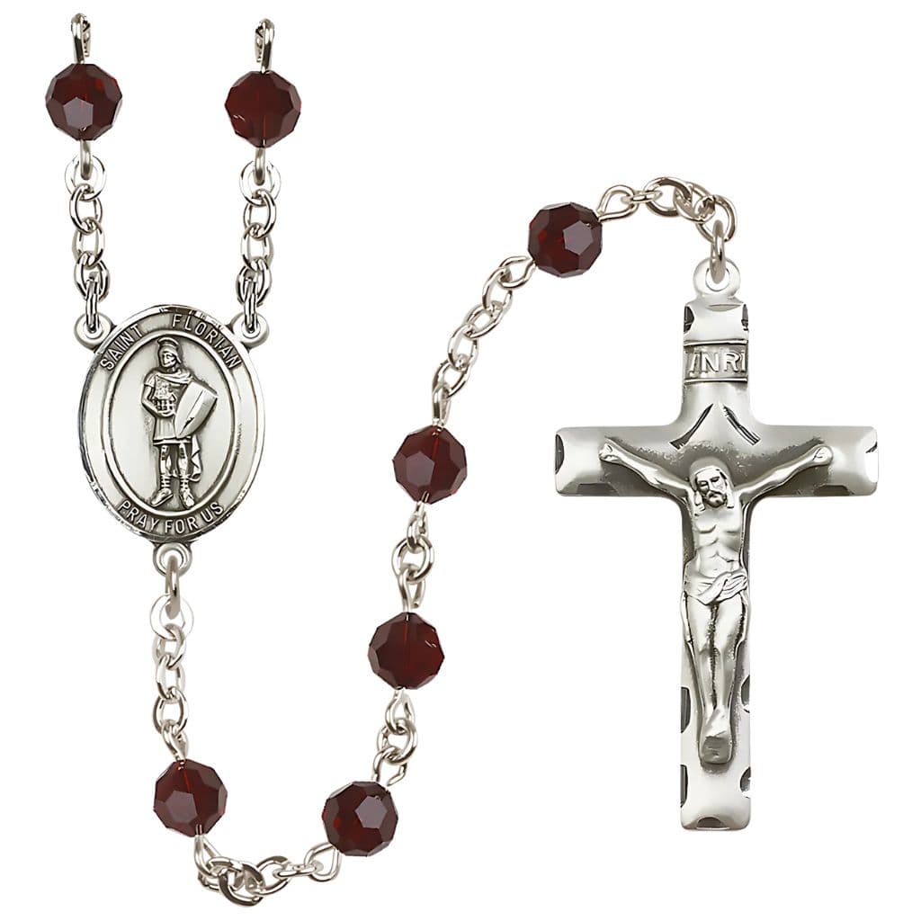 Bliss St. Florian Sterling Silver Rosary with Birthstone 6mm Round Austrian Crystal beads in Garnet