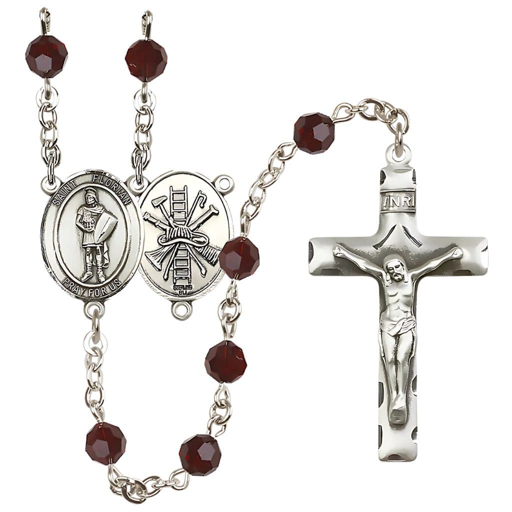 Bliss St Florian Firefighter Sterling Silver 6mm Austrian Garnet Crystal Birthstone Rosary,